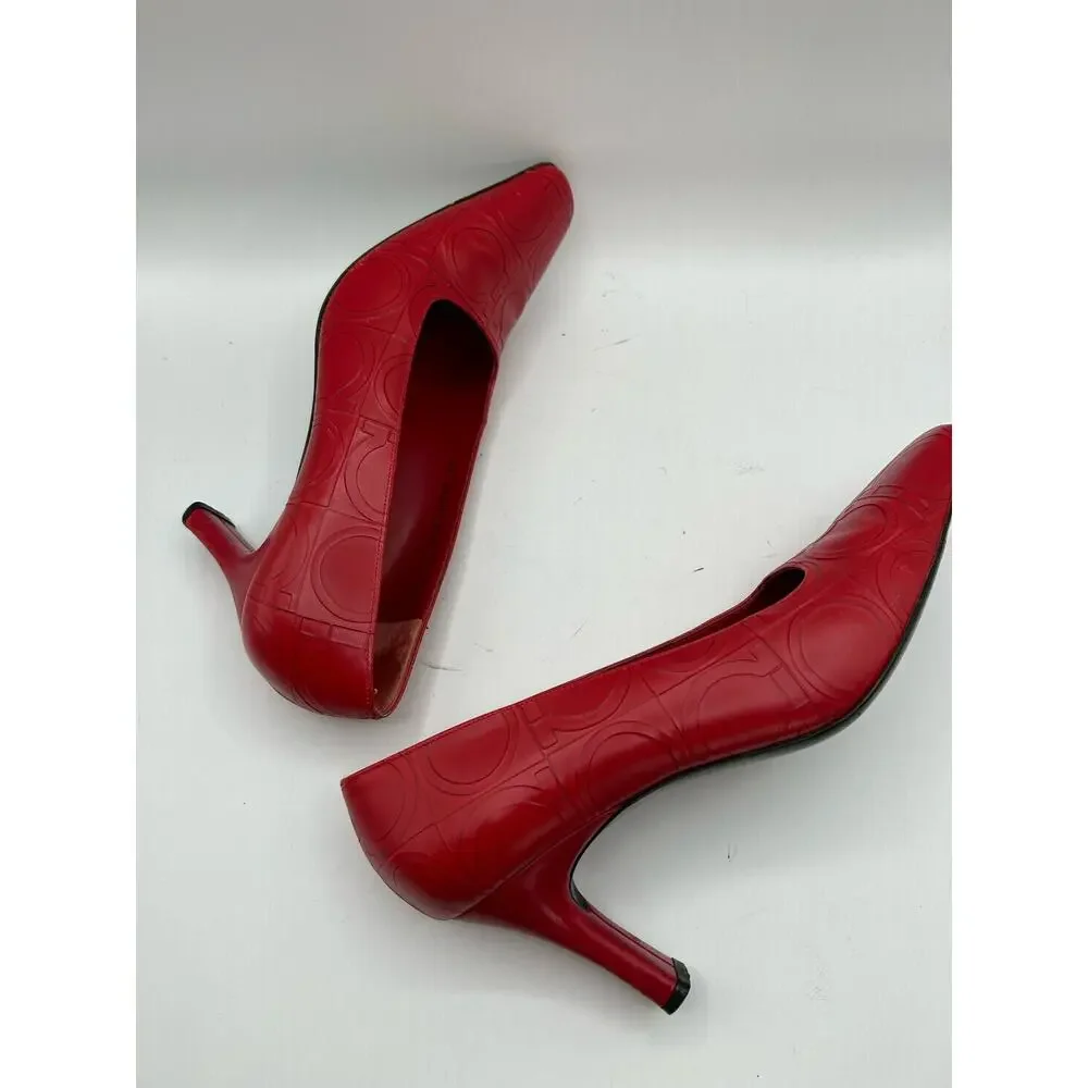 Salvatore Ferragamo Logo Embossed Red Leather Heels, Vtg Women’s US Sz9M… - Picture 6 of 9